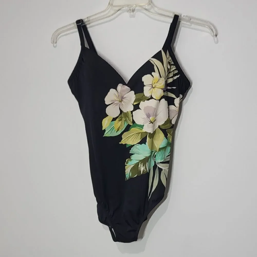 Plus Size Black & Green Flowered One Piece Swimsuit
